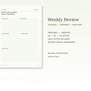Könnte beinhalten: Eine weiße digitale Planerseite mit dem Titel Weekly Review und dem Text Notice the growth. Honor the bend. Sie enthält Abschnitte für Where did I grow, Where did I boost, What stayed strong, What needs support und Best growth edge sowie Größen.