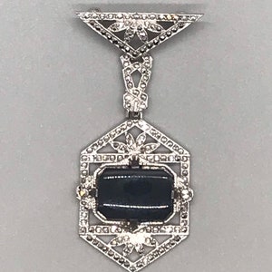 Antique Art Deco Sterling Onyx Dangle Brooch Signed