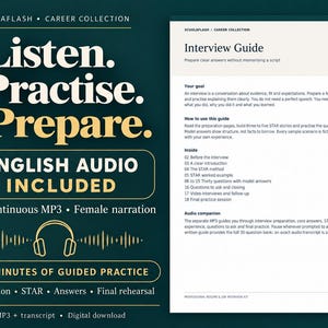 Może przedstawiać: Cyfrowy przewodnik po rozmowach kwalifikacyjnych zatytułowany Listen, Practise, Prepare na ciemnozielonym tle ze złotym tekstem, ikoną słuchawek i białą stroną z spisem treści obejmującym metodę STAR i dodatek audio.