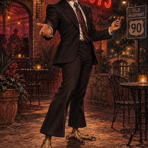 May include: A person with a mustache wearing a dark suit, white shirt, and patterned tie, standing in a night scene with a neon 1975 sign and an Old Highway 90 sign. The figure has large, textured, golden bird-like talons instead of human feet.