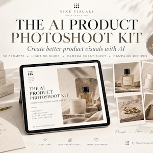 Puede incluir: Un kit de producto digital titulado The AI Product Photoshoot Kit mostrado en la pantalla de una tableta. El kit incluye 50 prompts, una guía de iluminación, una hoja de trucos de cámara y recetas de campaña. La pantalla muestra perfume, una vela, joyas.