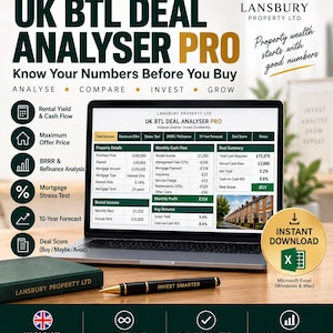 May include: A digital spreadsheet tool titled UK BTL Deal Analyser Pro displayed on a laptop screen. The interface shows property details, monthly cash flow, and deal summaries. A black pen with the text Invest Smarter and a green book are present.