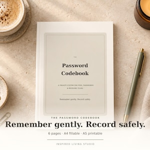 Op de afbeelding: Een wit notitieboek getiteld The Password Codebook met een beige rechthoekig middenpaneel. De tekst op de kaft luidt: A private system for pins, passwords & recovery clues. Remember gently. Record safely. 6 pagina's, A4 invulbaar, A5 printbaar.