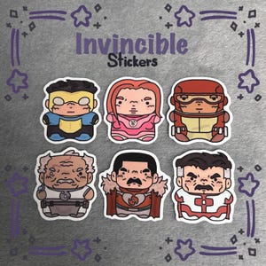 May include: A set of six cartoon-style stickers featuring characters from Invincible, arranged in two rows. The text Invincible Stickers is printed at the top. Each character has a distinct costume, including blue, pink, red, and white designs.