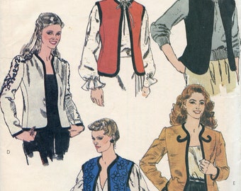 Misses Lined Vest Sewing Pattern - Open front Jacket, Spanish style - Size 12 Bust 34 Vogue 7835