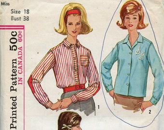 60s Misses Convertable Cuff and Elbow Patch Blouse Pattern- Size 18 Bust 38 Simplicity 5072