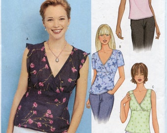 Easy Misses Semi-fitted Mock Wrap Cami Top Sewing Patterns - Flounce Sleeves, Raised Waist Top Size Small - Size 6 8 10 Butterick 3385 UNCUT