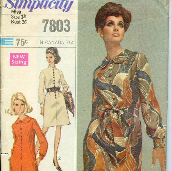 1960s Women's High Round Neckline Button Front Dress Pattern - Size 14 Breast 36 Simplicity 7803