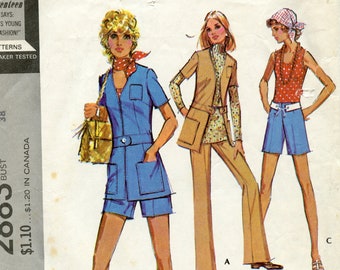 Pantalon à fermeture éclair des années 1970 Veste doublée, Short à fermeture éclair latérale Modèle de couture - Grandes poches - Taille 16 Buste 38 McCalls 2883