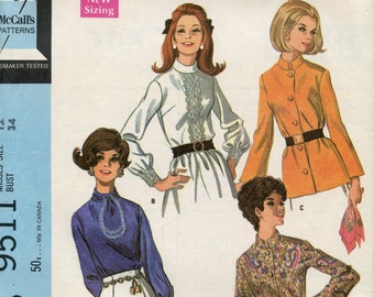 Women's 1960s Mod Blouse Sewing Pattern - Nehru blouse pattern - Size 12 Bust 34 McCalls 9511