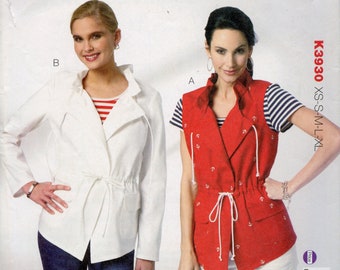 Modern Womans Vest + Wide Lapel Jacket Sewing Pattern - Patch pockets, Drawstring Waist Size XS to XL Bust 31 38 40 45 Kwik Sew 3930 UNCUT