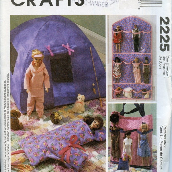 11 1/2 Inch Doll Accessories Pattern - Barbie tent, Doll organizer, Carry tote, cat and dog - McCalls 748 2225 UNCUT