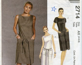 Shift Dress Sewing Pattern - Petite Pattern, Bateau Neckline, Casual Wrap dress - Size 4 6 8 Bust 29 1/2 - 31 1/2 McCalls 2714 UNCUT