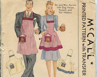 1942 Husband and Wife Apron Sewing Pattern - Applique Dog House, Pot holders. WWII, Wedding Gift - McCall's 957 Vintage Pattern