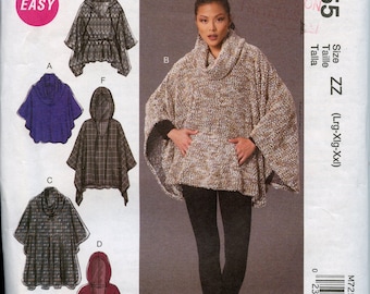 Misses Poncho Sewing Pattern - Double Layer Collar Poncho, Pockets - Size L XL XXL  Bust 38 to 48 McCalls 7255 UNCUT