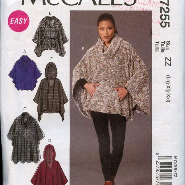 Misses Poncho Sewing Pattern - Double Layer Collar Poncho, Pockets - Size L XL XXL  Bust 38 to 48 McCalls 7255 UNCUT