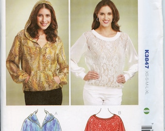 Misses V Neck Hoodie Sewing Pattern - Wide Round Neckline Top Pattern - Size XS S M L XL - Kwik Sew 3847 UNCUT