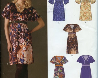 Easy V-neck Empire Waist Dress Sewing Pattern - Mock Wrap Bodice Dress Pattern - Size 8 to 18 New Look 6001 UNCUT