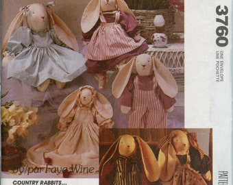 Faye Wine Stuffed Bunny Dolls with clothes in Baby Medium Large - Country Home decor - McCalls 3760 893