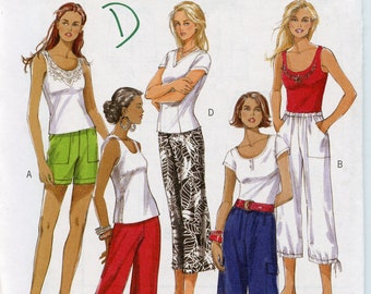 Very Easy Elastic Waist Casual Plus Size Pants and Long Shorts sewing Pattern - Size 4 6 8 10 12 14 Waist  22 to 28 Butterick 5044 UNCUT