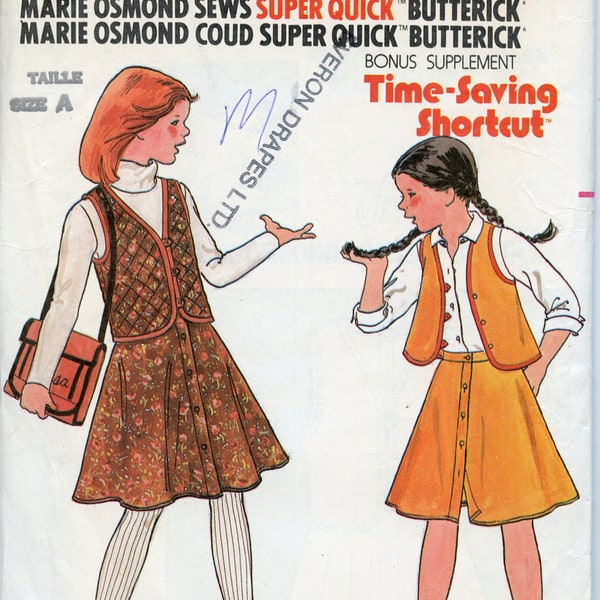 1970s Girls Vest and Skirt Sewing Pattern - Marie Osmond Patterns - Size 7 8 10 Bust 26 27 28 1/2 Butterick 6656 UNCUT
