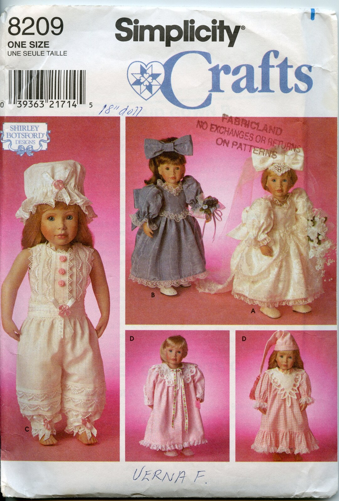 Shirley Botsford 18 Victorian Doll Clothes Sewing Pattern Simplicity