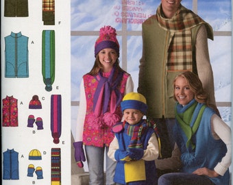 Child, Teens and Adults Vest, Winter Hat, Scarves, Mittens Winter Accessories Sewing Pattern - Simplicity 2743 UNCUT