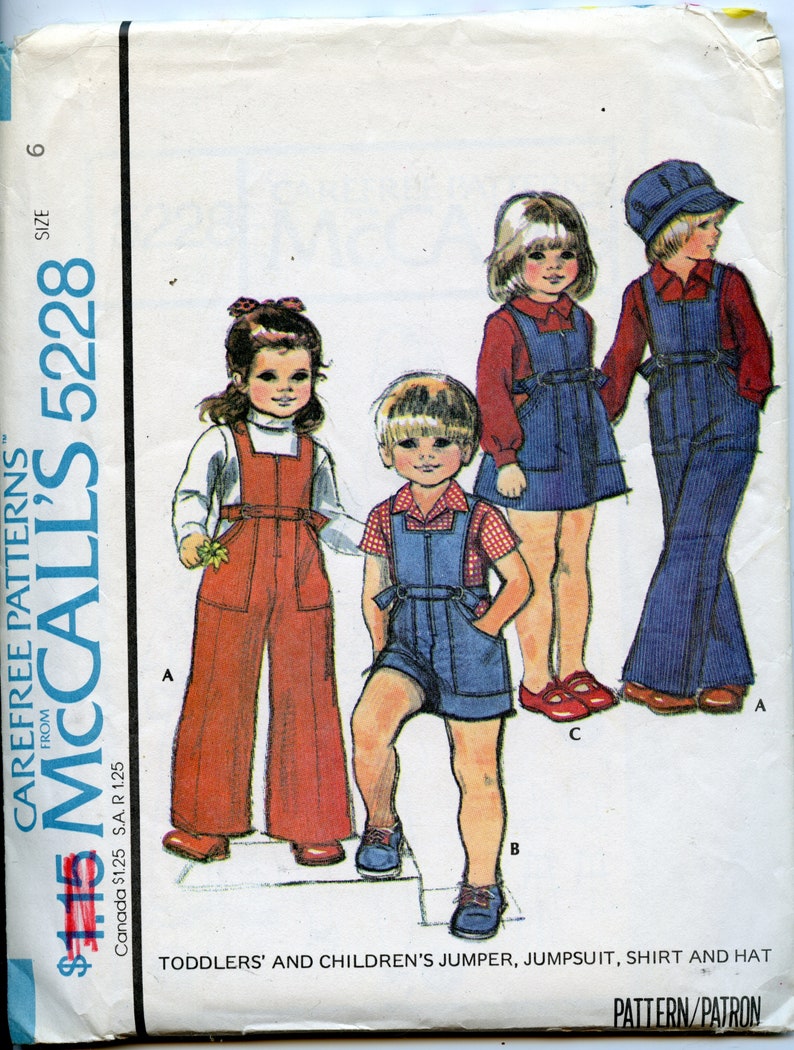 Children's Jumper, Jumpsuit, Shirt and Hat Pattern 1970s Overall Sewing Patterns Size 6 Bust 25 inches McCalls 5228 UNCUT image 1