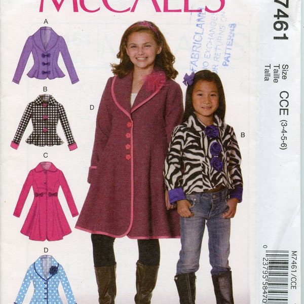 Patron de couture de manteau pour enfants Princess Seam - Modèle de veste de style ajusté et évasé - Taille 3 4 5 6 McCalls 7461 non coupé