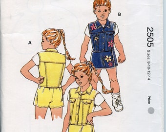 Girls Denim Vest and Skort Sewing Pattern - Yoke Seams, Elastic in back, Jean Vest Pattern -  Size 8 10 12 14 Kwik Sew 2505 UNCUT