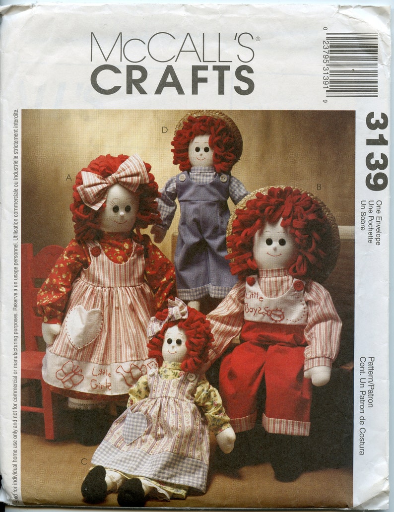 16 and 22 Rag Doll Sewing Pattern Clothed Rag doll Sewing Pattern McCalls 3139 UNCUT image 1
