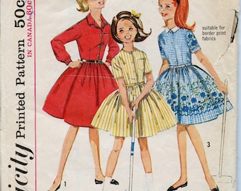 Vintage 1960s Girls Fit and Flare Dress Sewing Pattern - Full skirt, high round, notch collar - Size 7 Chest 28 1/2 Simplicity 5044