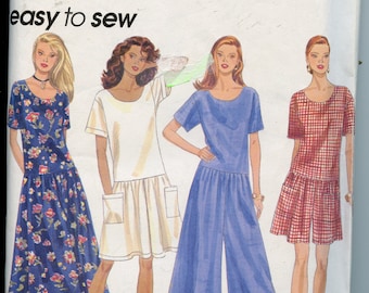Easy to Sew Misses 90s Drop Waist Jumpsuit or Dress Sewing Pattern - Size 10 12 14 16 Simplicity 8968 UNCUT
