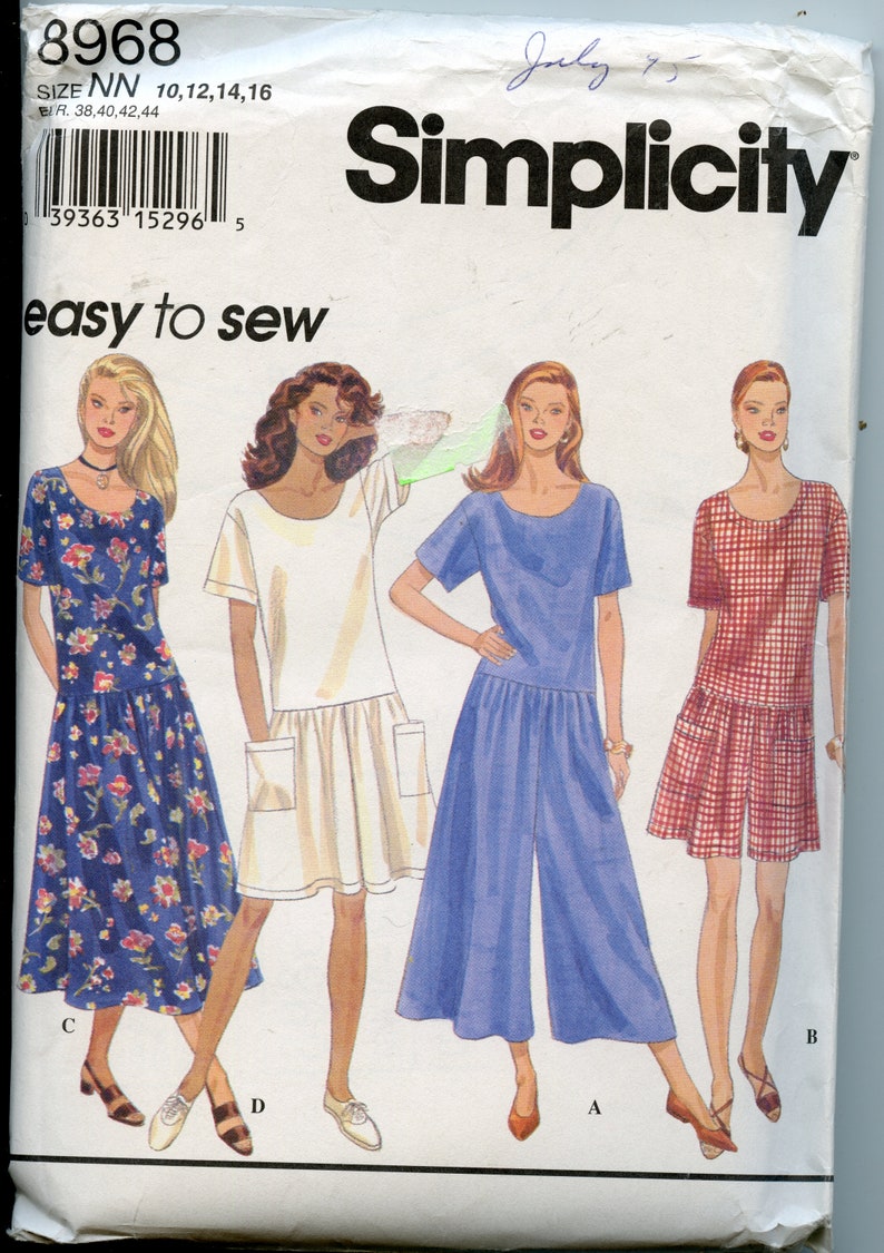 Easy to Sew Misses 90s Drop Waist Jumpsuit or Dress Sewing Pattern Size 10 12 14 16 Simplicity 8968 UNCUT image 1