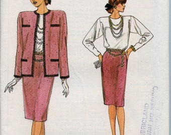 Very Easy 80's Shoulder Pads Jacket, Straight Skirt Top Sewing Pattern -  Size 14 16 18 Bust 36 38 40 Vogue 9729 UNCUT