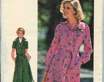 1970s Semi fitted A-line Button front Dress, Notched collar, Patch pockets, Gathered Cuffs - Size 16 Bust 38 Butterick 4046 UNCUT