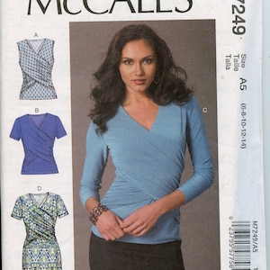 Close Fitting Pullover Mock Wrap Tops and Dress Sewing Pattern Gathered Front Overlays Size 6 8 10 12 14 McCalls 7249 UNCUT image 1