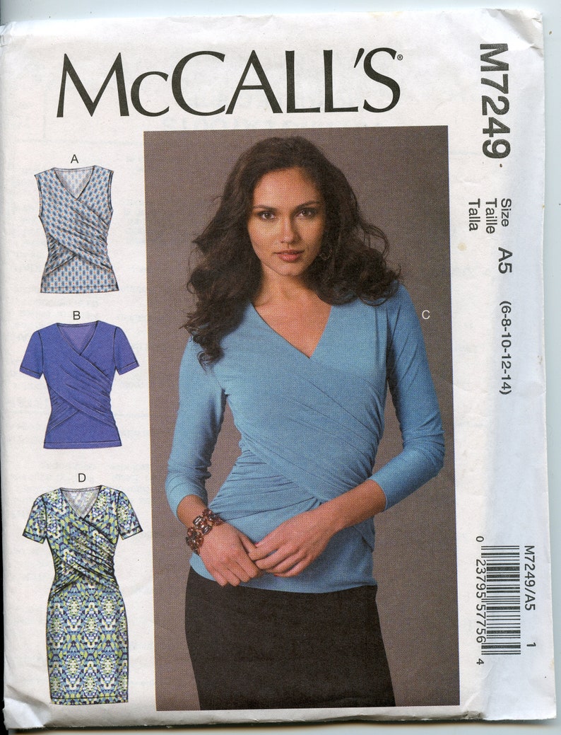 Close Fitting Pullover Mock Wrap Tops and Dress Sewing Pattern Gathered Front Overlays Size 6 8 10 12 14 McCalls 7249 UNCUT image 1