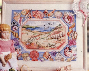 Seaside scene Shell Frame Cross Stitch Chart - Beach Cross Stitch Pattern, Beach Home Decor