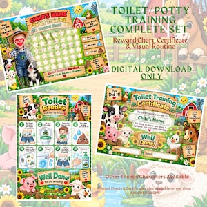 May include: A digital toilet training set featuring a reward chart, a routine guide, and a certificate with farm animal illustrations. The graphics include a cow, pig, sheep, and horse, with text such as Toilet Training Complete Set and Toilet Routine.