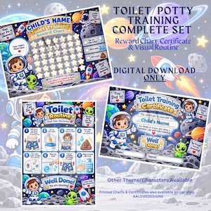 May include: A space-themed toilet training set featuring a reward chart, a visual routine guide, and a certificate. The designs include astronauts, planets, rockets, and aliens with text such as Toilet Training Complete Set and Toilet Routine.