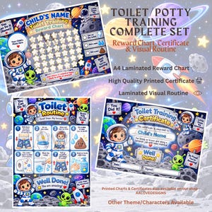May include: A space-themed toilet training set featuring an A4 laminated reward chart, a visual routine guide, and a certificate. The designs include illustrations of astronauts, planets, and rockets with text like Toilet Training Reward Chart.