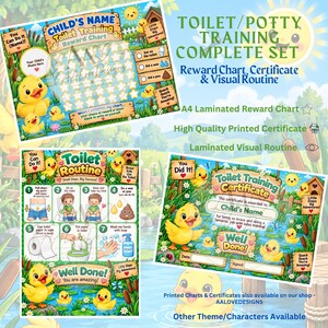 May include: A toilet training set featuring a reward chart, a visual routine guide, and a certificate. The designs include yellow ducklings, pond scenery, and text such as Toilet Training Reward Chart, Toilet Routine, and Toilet Training Certificate.
