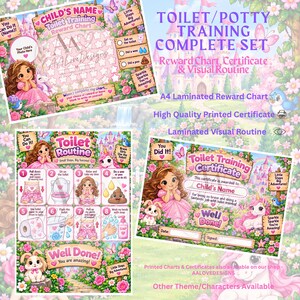 May include: A toilet training set featuring a reward chart, a visual routine guide, and a certificate. The designs include a cartoon princess, a unicorn, and a rabbit in a garden setting with pink text and floral accents, all on A4 size paper.