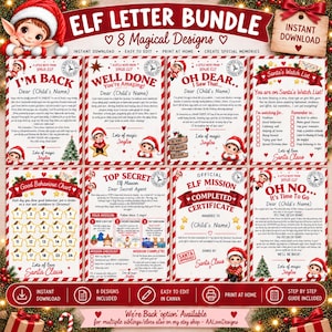 Puede incluir: Un paquete digital de ocho plantillas de cartas de elfo con temática navideña, bordes a rayas rojas y blancas, ilustraciones festivas de elfos y texto que incluye I'm Back, Well Done, Oh Dear, Santa's Watch List y Elf Mission Completed.