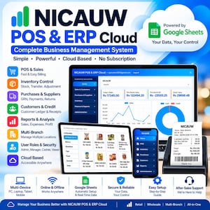 Może przedstawiać: System zarządzania firmą NICAUW POS & ERP Cloud wyświetlony na laptopie, tablecie i smartfonie. Interfejs pokazuje dane sprzedażowe, kategorie zapasów i wydrukowany paragon. Oprogramowanie jest zasilane przez Google Sheets do kontroli danych.