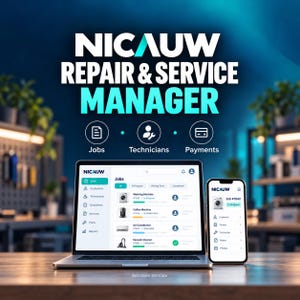 May include: A laptop and smartphone displaying the NICAUW Repair & Service Manager software interface. The screen shows a list of jobs including a washing machine, coffee machine, air conditioner, and vacuum cleaner with status indicators.