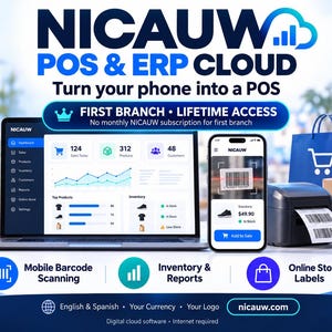 May include: A digital POS and ERP cloud software display featuring the text NICAUW POS & ERP CLOUD. The screen shows a dashboard with sales data, inventory, and reports. A smartphone displays a barcode scanner interface next to a label printer.
