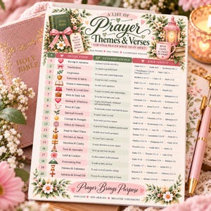 May include: A printed list titled A List of Prayer Themes & Verses for Your Prayer Bible Tip-In Sheet, featuring twenty numbered rows with icons, themes, and corresponding Bible verses, decorated with floral illustrations and a pink lantern.