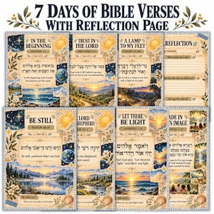 May include: A collection of seven printable pages titled 7 Days of Bible Verses with Reflection Page. Each page features a unique Bible verse, Hebrew text, and landscape illustrations including mountains, oceans, and sunrises, with a beige paper background.